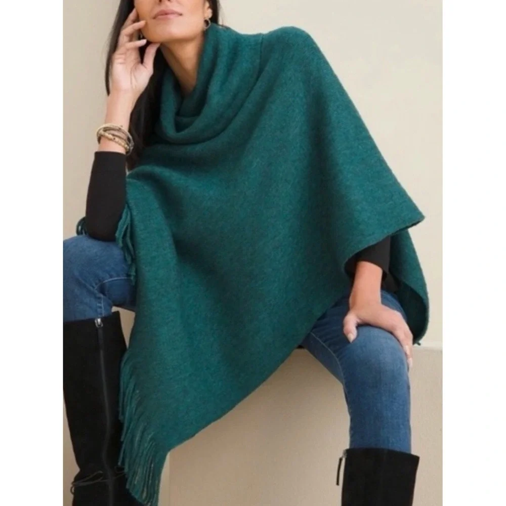 Chico's Teal Knit Fringe‎ Poncho NWT Sz-One Size.  WNTR